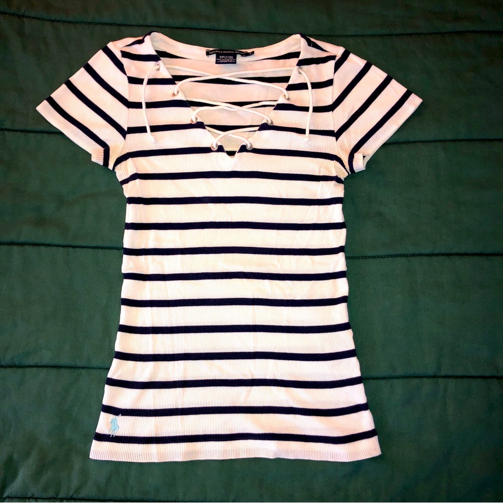 Ralph Lauren Sport Ladies Short sleeve Shirt with laced front -white/navy stripe